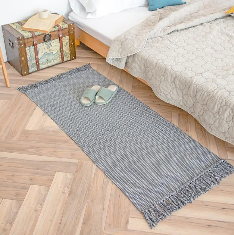 Nordic Gray Color Hand Woven Cotton Linen Carpet Tassel Rug for Floor Mat Thick Bedroom Tapestry Decorative Blanket Area Rug