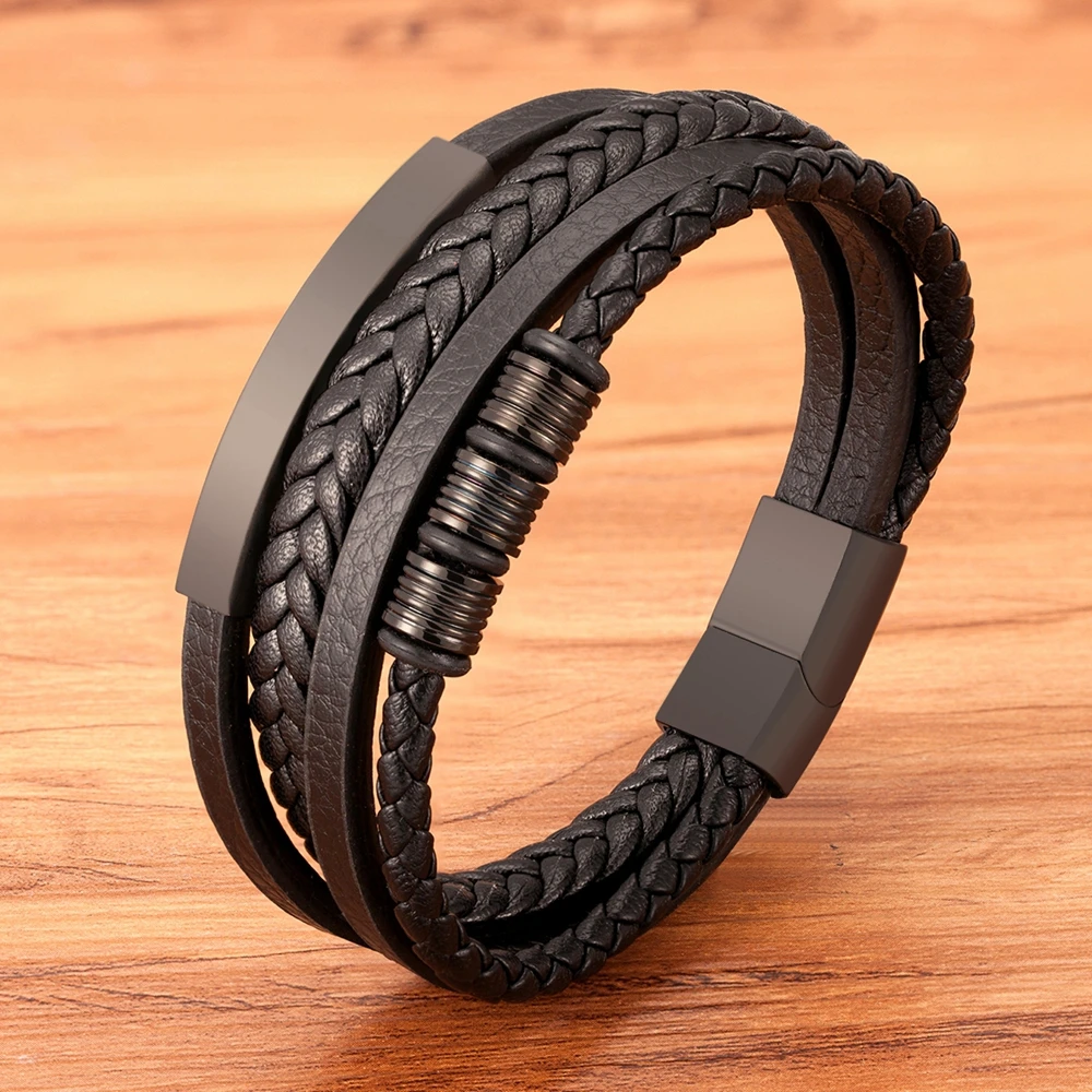 TYO New Stainless Steel Black Multilayer Genuine Leather Bracelet For Men Magnetic Clasp Button Vintage Braid Bangle Jewelry