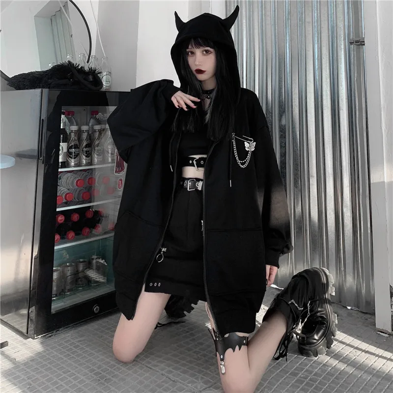 Yangelo Gothic Little Devil Cotton Hooded Jacket Women Winter New 2020 Warm Chain Coat Female Harajuku Black Oversized Tops