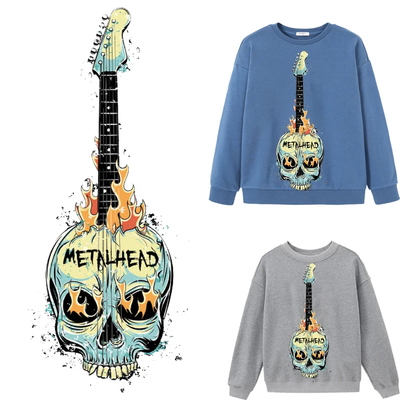 

Music Guitar Skull Patches Thermal Sticker on Clothes Iron-on Transfers for Clothing Thermoadhesive Patch Diy Applique Punk Rock