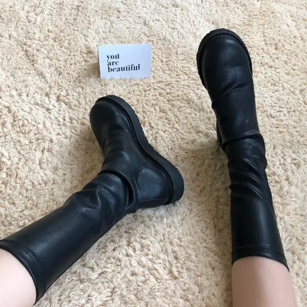 

Hot Selling Girls Fashion Black Elastic Slim Thick Sole Mid-calf Boots Woman Round Toe Pleated Slip On Tube Flat Short Booties