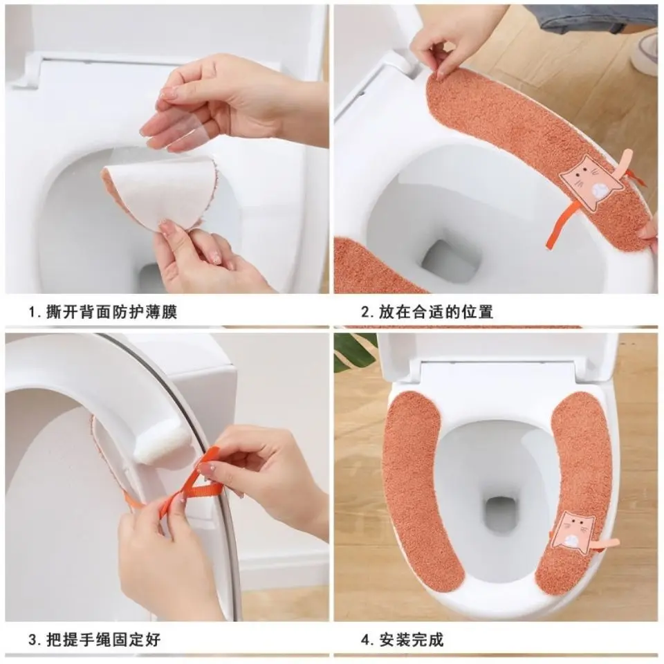 1Pair Portable Reusable Warm Plush Toilet Seat Filling Washable Bathroom Mat Seat Cover Health Sticky Pad Household Supplies