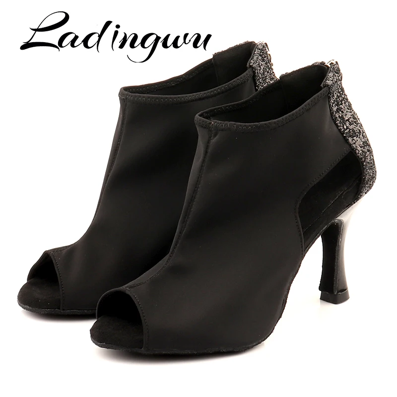 Ladingwu Woman Latin Dance Shoes Boots Ballroom Waltz Samba Modern Dancing Shoes For Girls Black Stretch Fabric And Glitter Danc