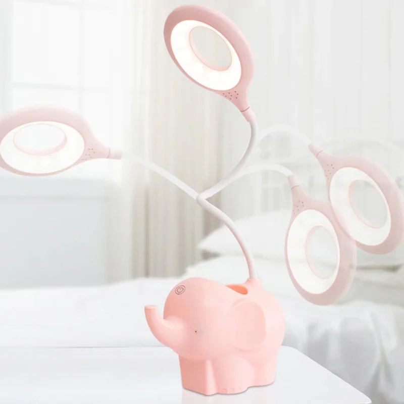 Elefante bonito LED Desk Lamp, USB recarregável, controle de toque, estudo, leitura, escurecimento Tabela, noite, crianças, cabeceira, escritório