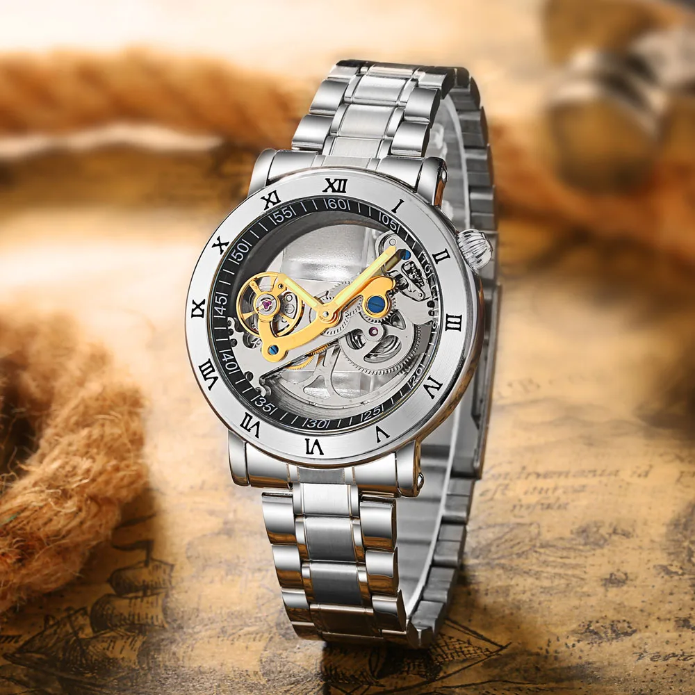 Top Mechanical Mens Watches Men Unique Transparent Hollow Automatic Self Wind Watches Stainless Steel Tourbillon Watches Stocks