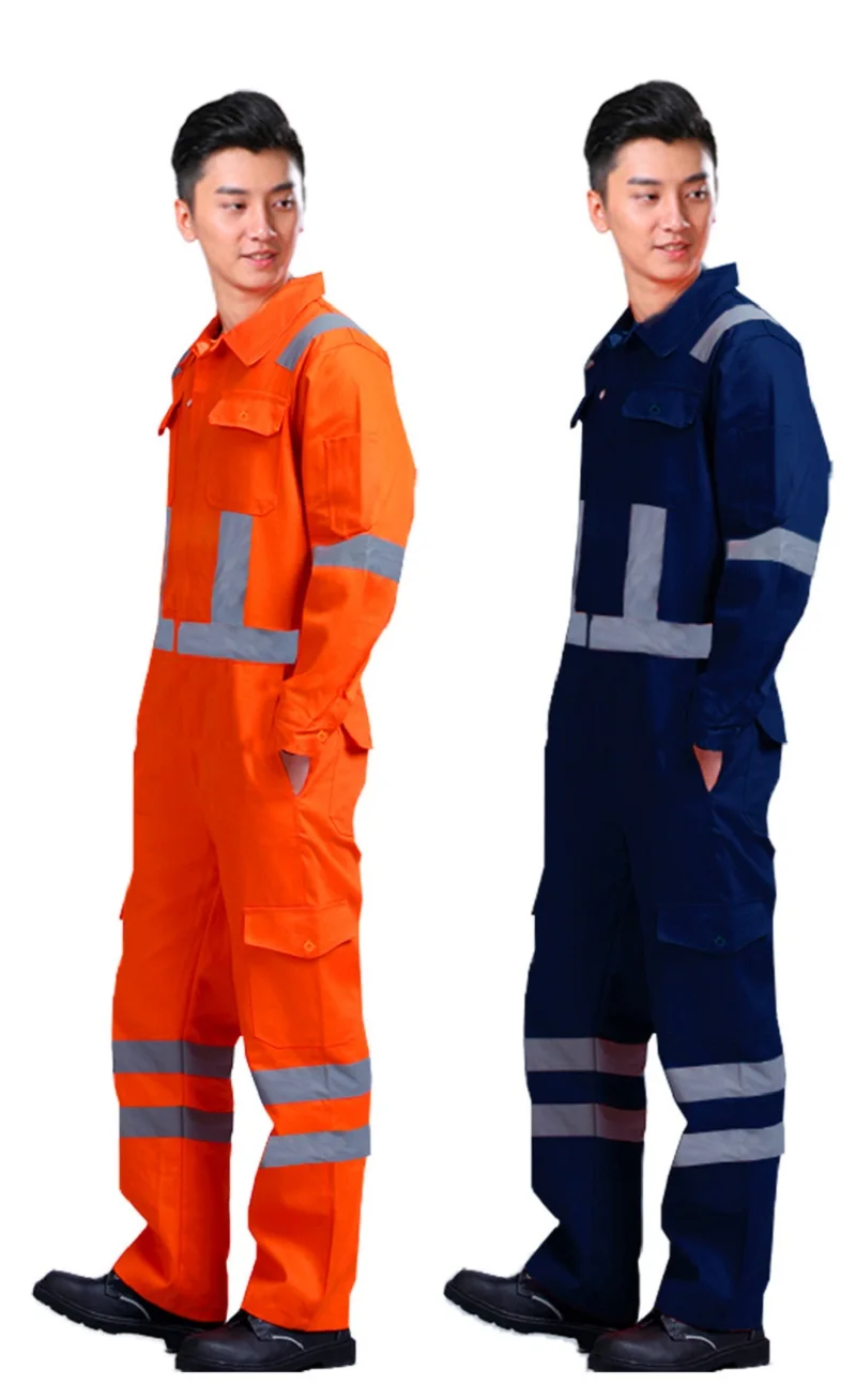 Men Work Uniforms Hi Vis Overalls Workwear Safety Reflective Tapes Blue Orange Workwear Workshop Mechanical Working Coveralls