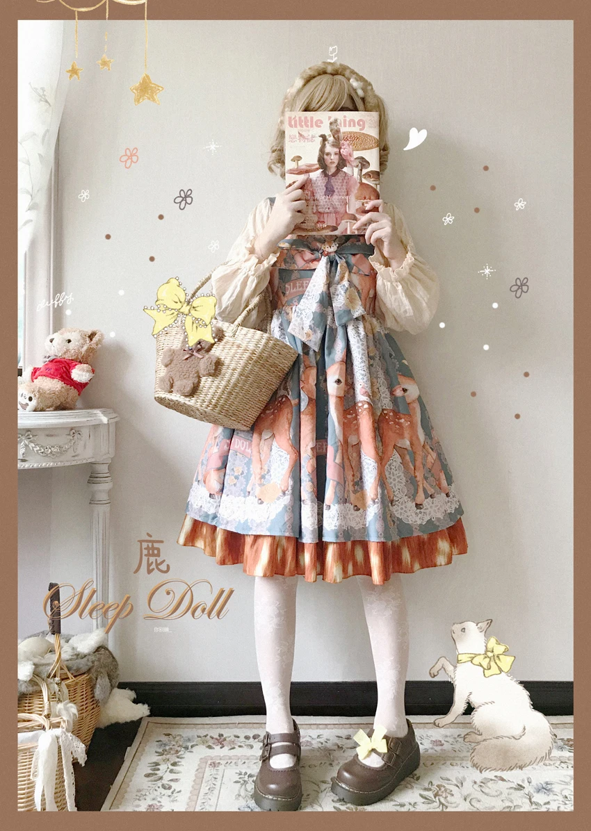 Dolce lolita vintage falbala bowknot stampa carina vita alta principessa abito vittoriano kawaii girl gothic lolita strap dress