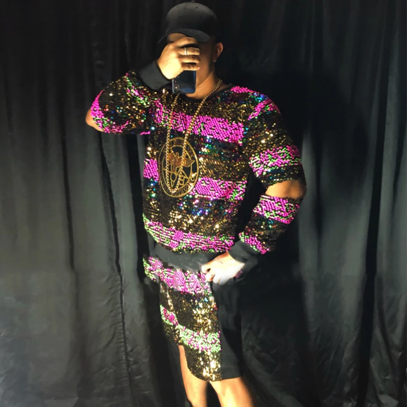 2 Pieces Shiny Sequins Hiphop Suit Colorful Jazz Top Shorts Men Nightclub Bar Dj Ds Tide Rock Stage Performance Clothes XS2312