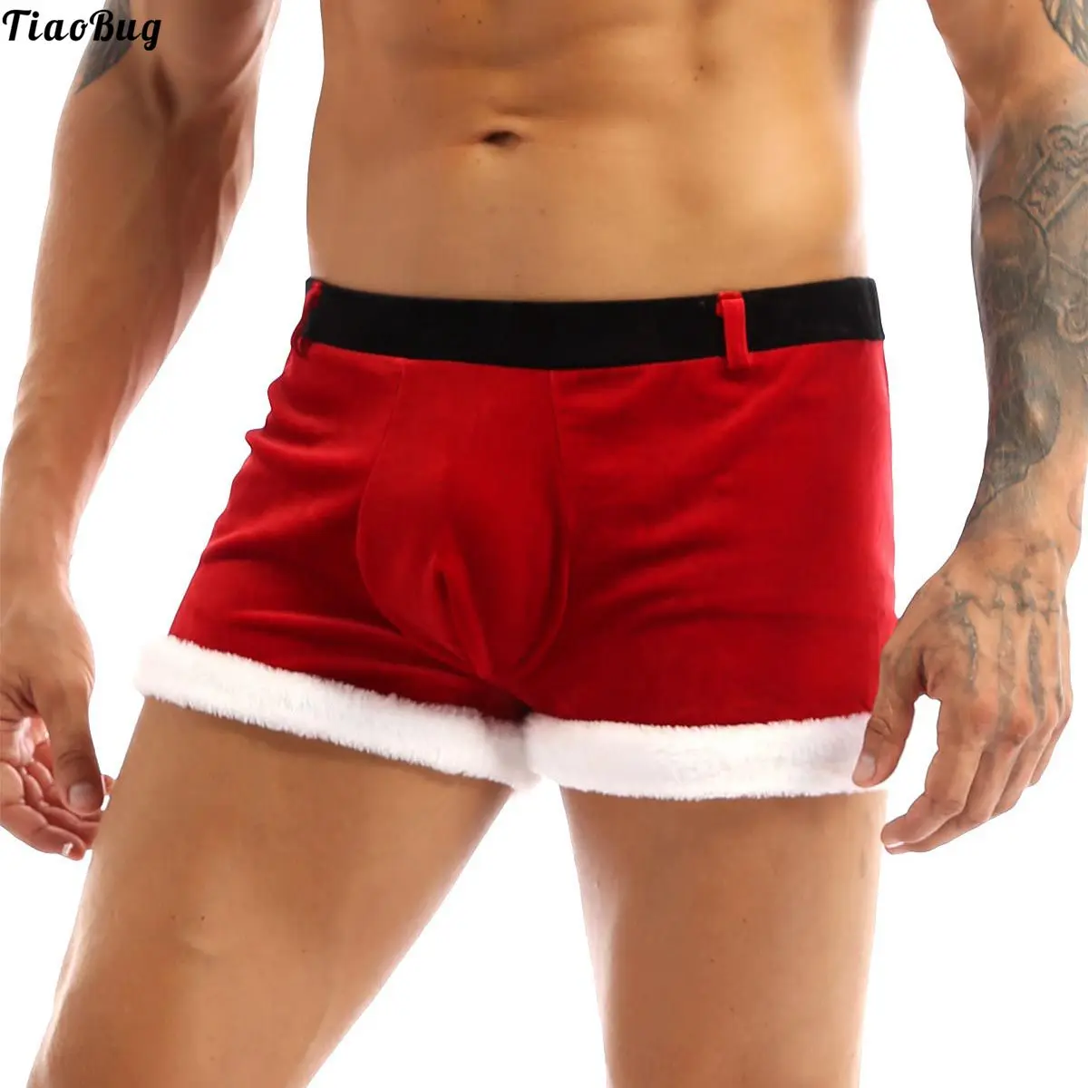 

TiaoBug Red Mens Soft Velvet Santa Christmas Holiday Fancy Cosplay Costume Boxer Shorts Underwear Panties