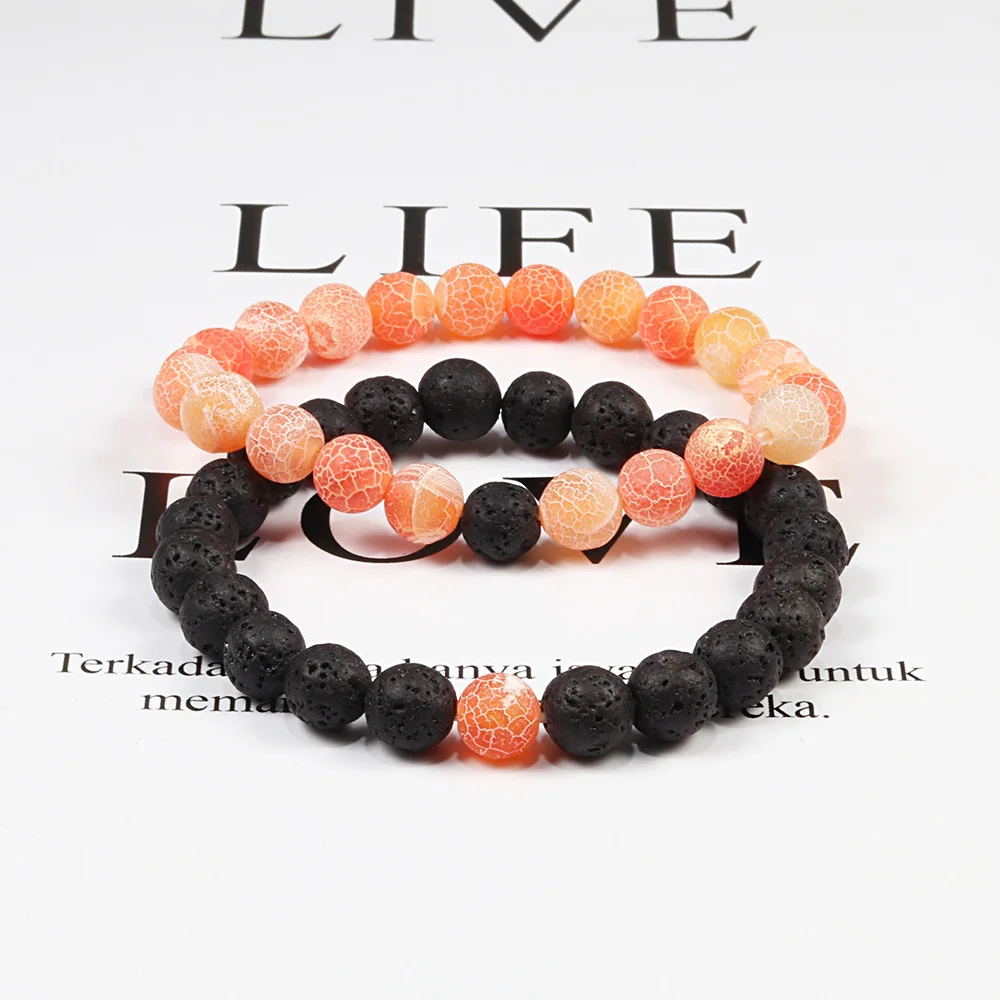 Couple Bracelet Natural 8MM Black Lava Weathered Stone Women Elastic Onyx Beaded Bracelets Bangles Men Bileklik Distance Jewelry