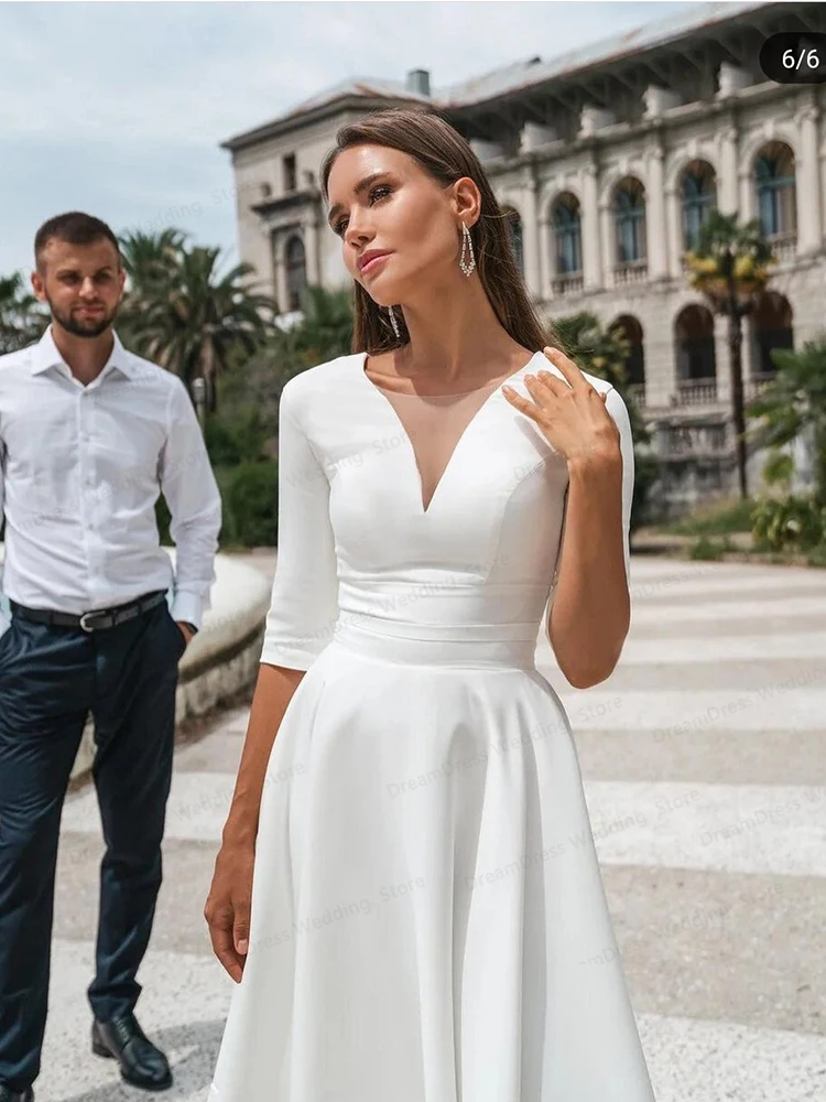 Vestido De novia De gasa con cuello en V para mujer, vestido De novia De manga larga, corto y sencillo, hecho a medida, a la altura De la rodilla, barato