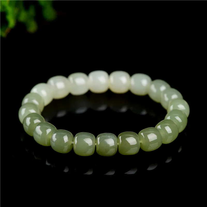 Genuine Natural Green Hetian Jade A Gemstone Bracelet Rare Barrel Beads 8x7mm Rare Rainbow Jade For Women Men Jewelry AAAAA