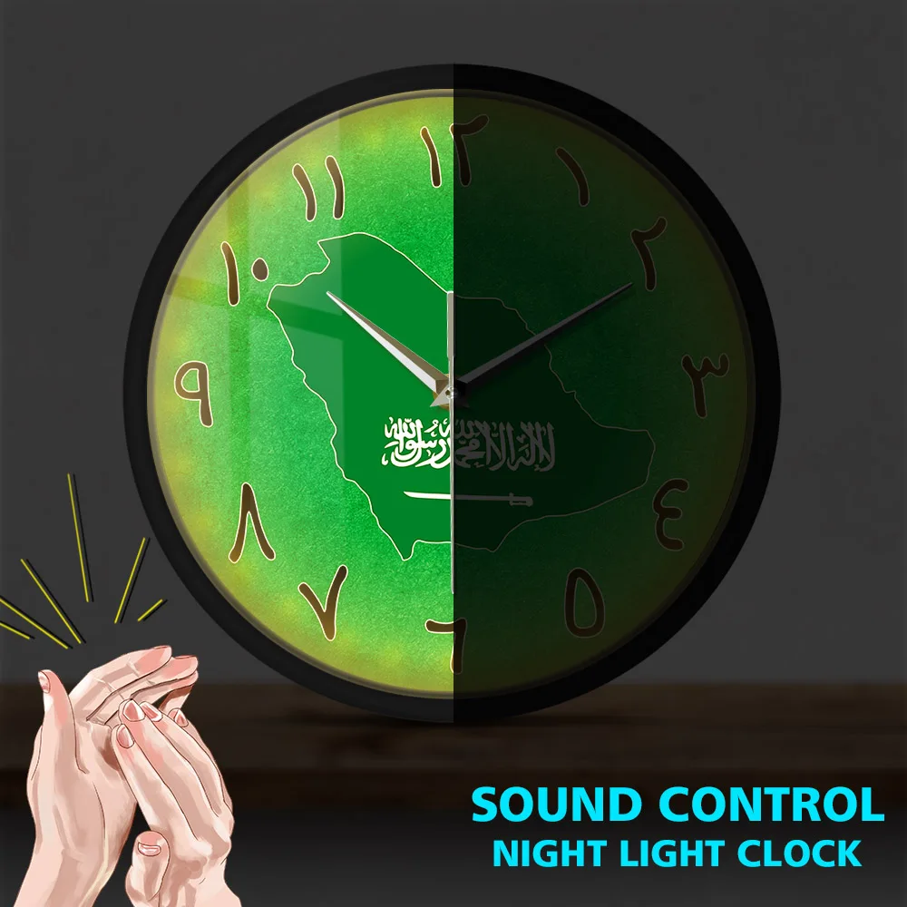 Saudi Arabia Country Map Modern Design Metal Frame Wall Clock Middle East Home Decor Sound Activated Light Arabic Wall Clock