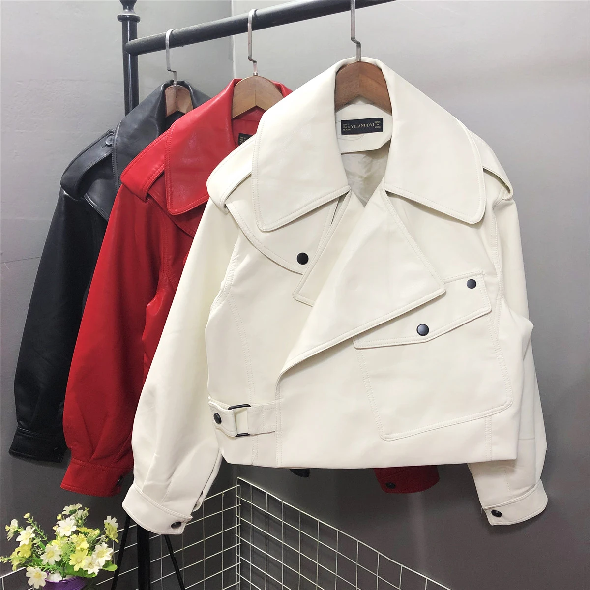 New Spring Women Faux Leather Jacket Biker Red White Coat Turndown Collar PU Motorcycle Jackets Loose Streetwear Outerwear