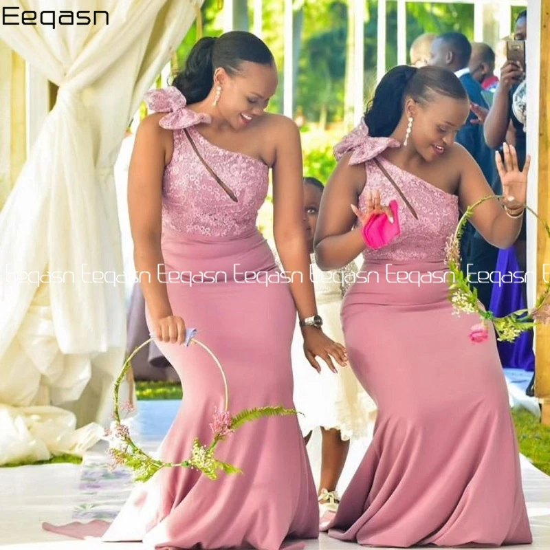 Customized One Soulder Bridesmaid Dresses Long African Evening Gowns Wedding Guest Maid Of Honor Dress with Bow Plus Size