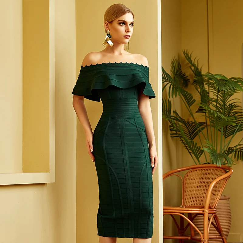 High Quality Women Deep Green Off The Shoulder Rayon Bandage Dress Sexy Club Celebrity Evening Runway Party Dresses