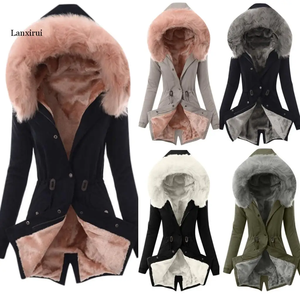 

womens hooded faux fur coat Ladies Fur Lining Coat Womens Winter Warm Thick Long Jacket Hooded Overcoat