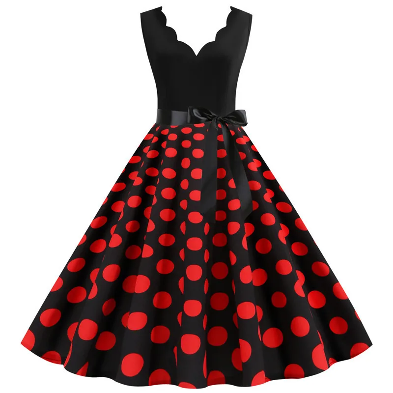 Polka Dot Print Women Summer Dress Black Patchwork Sleeveless V Neck Elegant Vintage Party Casual Midi Dress