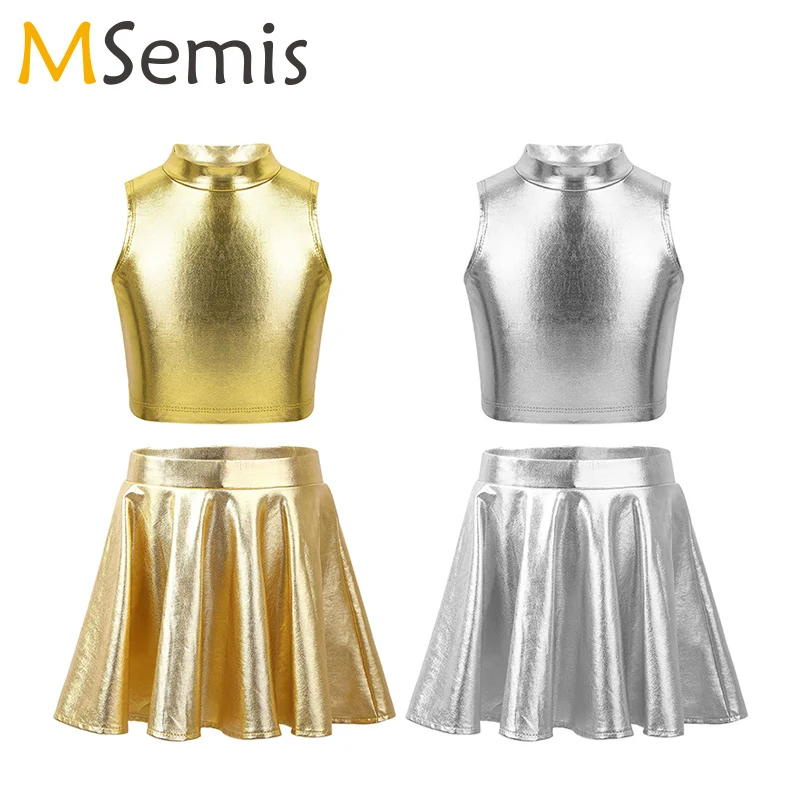 Girls Kids Metallic Jazz Dance Dress Suits Children Flared Pleated Skirt Ballroom Modern Dance Costumes with Turtleneck Tops