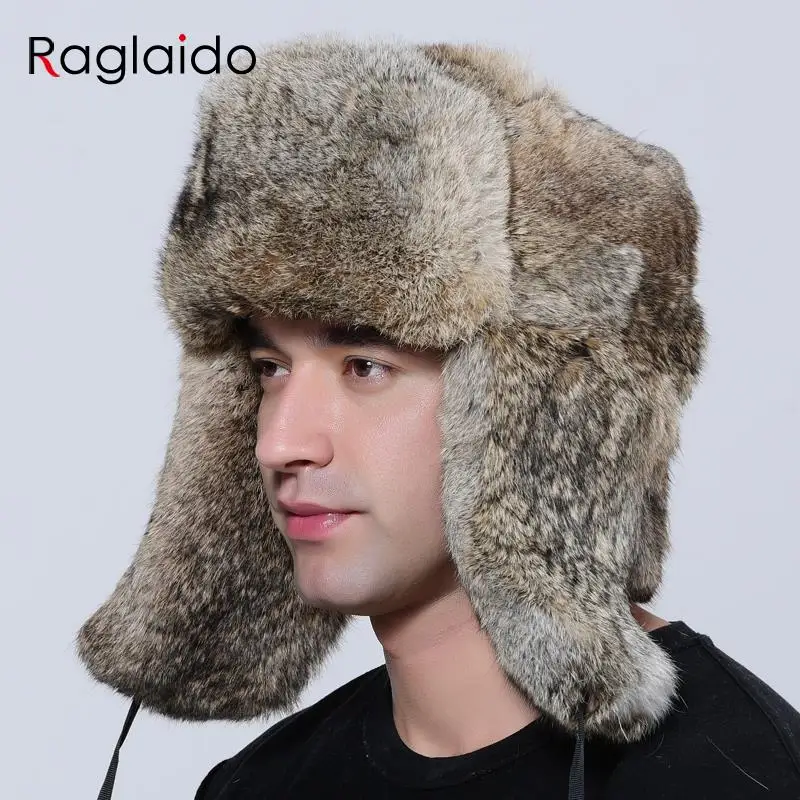 

New Men's Winter Bomber Hat Thick Warm Rabbit Fur Trapper Ushanka Russia Style Ear Flap Cap for Cold Weather