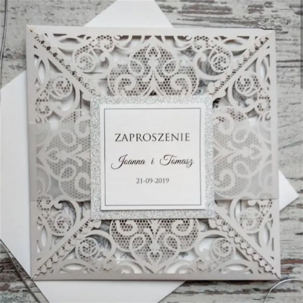 

Pearl silver lace wedding invitation card transparent belly band customized insert card printing multi colors