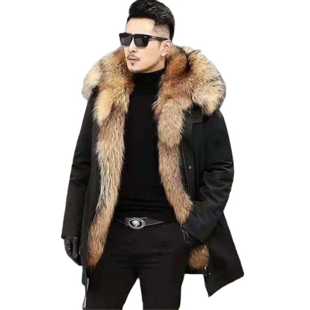 Parka à capuche en fausse fourrure de raton laveur pour hommes, manteau en coton optique, veste russe, vêtements pour garder au chaud, haut d\'hiver,