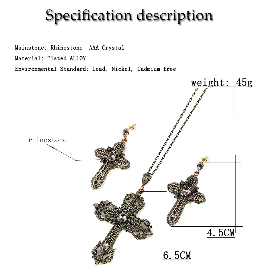 Sunspicems Vintage Gray Rhinestone Cross Pendant Necklace Earring Sets for Women Religious Church Jewelry Turkish Design 2020