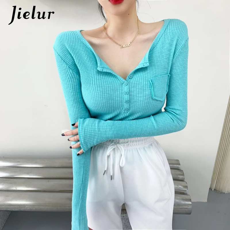 

Jielur V-neck 2021 New Women's T-shirt Creative Bottoming Shirt Tee Shirts Long Sleeve Skinny T-shirts Tops Woman Pocket Button