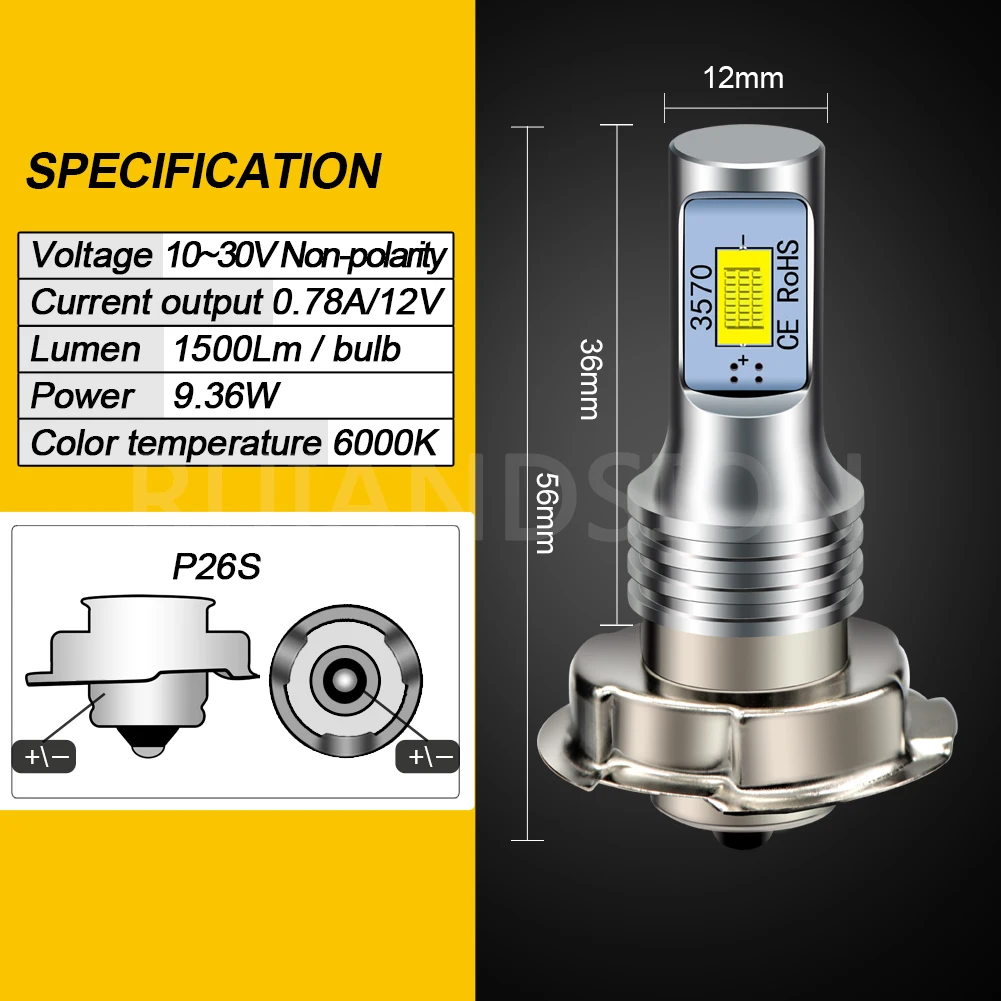 RUIANDSION 1Pcs P26S Motorbike Headlight Moped Scooter Tractor LED Bulb Tricycle Headlamp 3570SMD 1500Lm DC10-30V 12V 24V 6000K