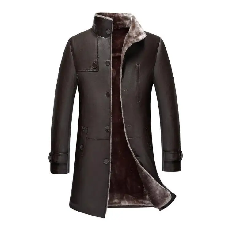 New Plus Size Hot Men's Business Casual Leather jacket Men Korean Winter Warm stand collar Outwear Mens Long Fur Coats M-5XL