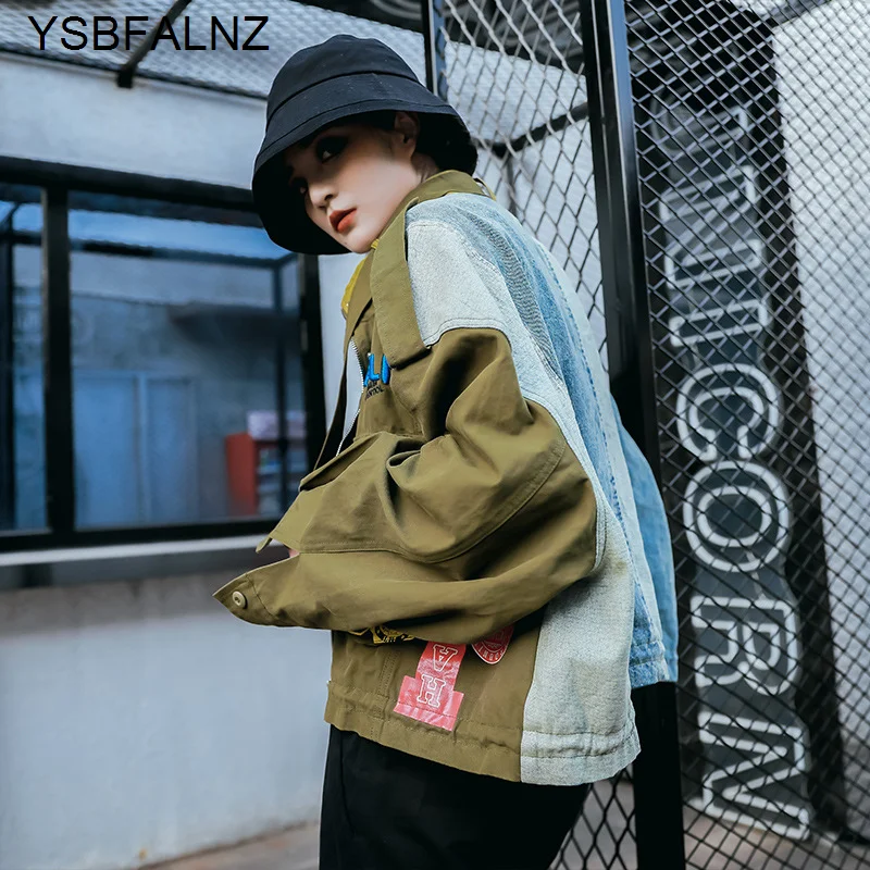 Autumn Fashion Women Short Coat Loose Thin Denim Stitching 2023 Cardigan Jacket Harajuku Style Khaki Fashion Clothing Embroidery