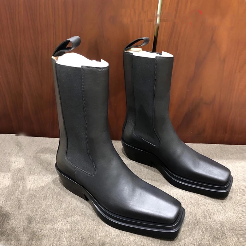 Nowy Chelsea Boots dla kobiet placu Toe platformy buty damskie czarne skórzane botki zimowe buty kobiety moda Botines Mujer