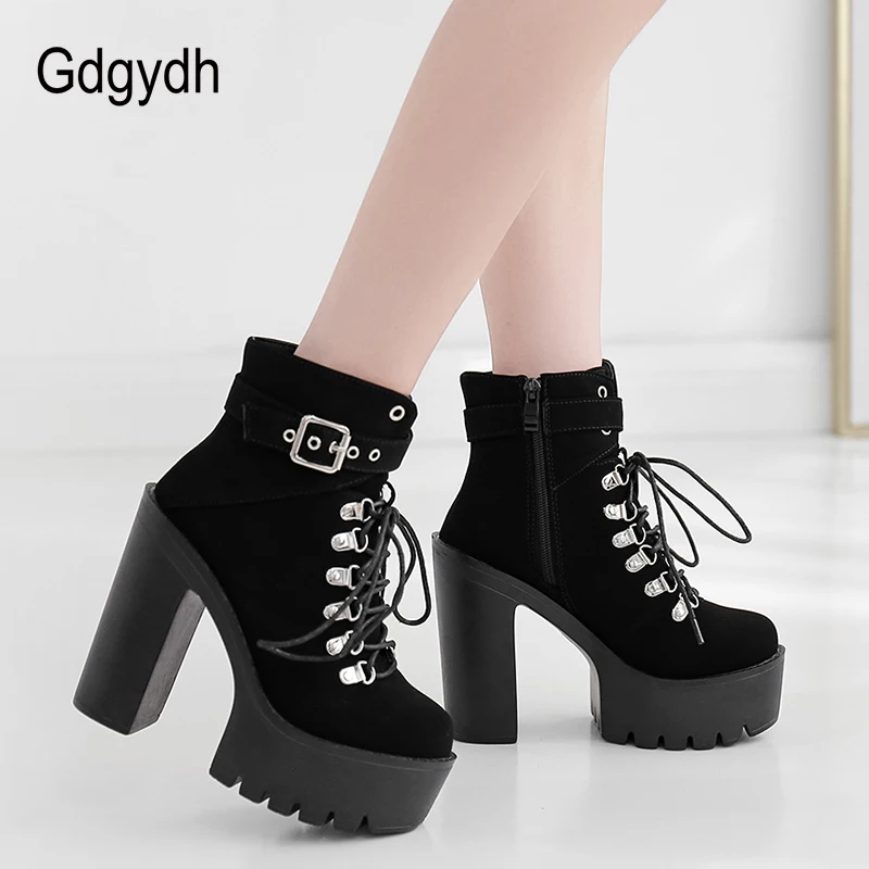 Gdgydh Lace Up Women Boots Platform Buckle Boot Winter Shoes Thick Heel Autmn Boots With Zipper Ankle Strap Black Suede Gothic