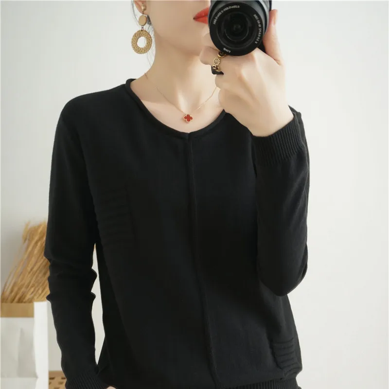 Autumn New Style 100% Pure Cotton Sweater Knitting Women\'s Bottoming Shirt Long-Sleeved Soft And Loose KoreanRound Neck Pullover