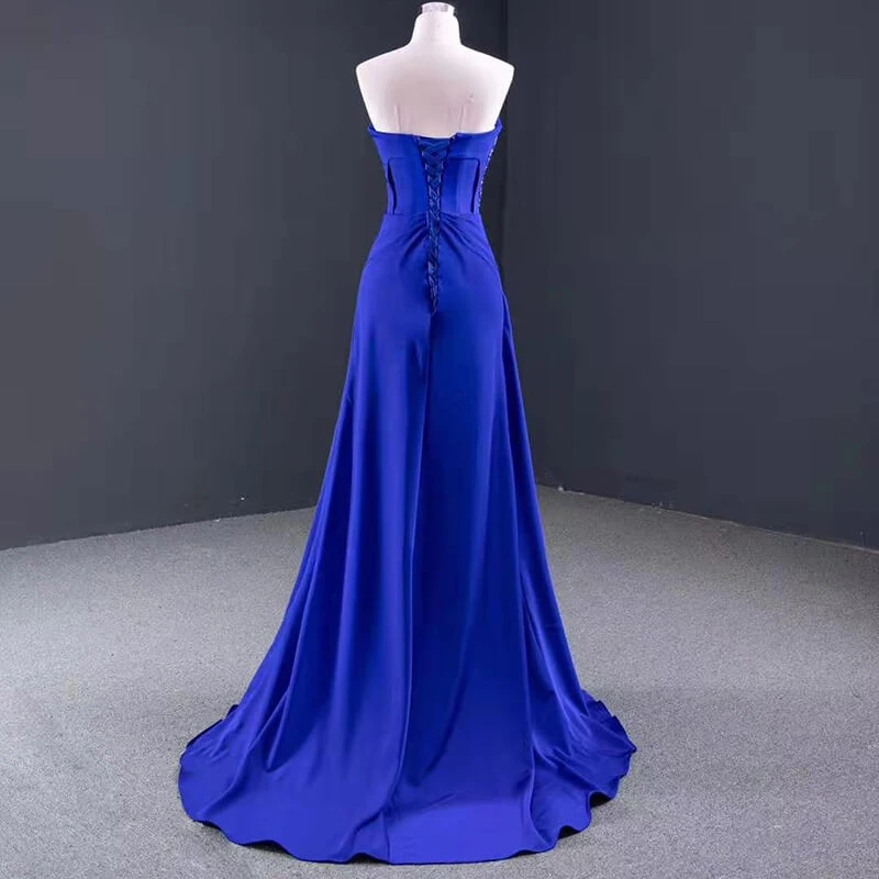 RSM67087 Blue Elegant Slim-fit Banquet Evening Dress Tube Top Ruffled Backless Lace-up Floor-length Dress 2021 платье вечернее