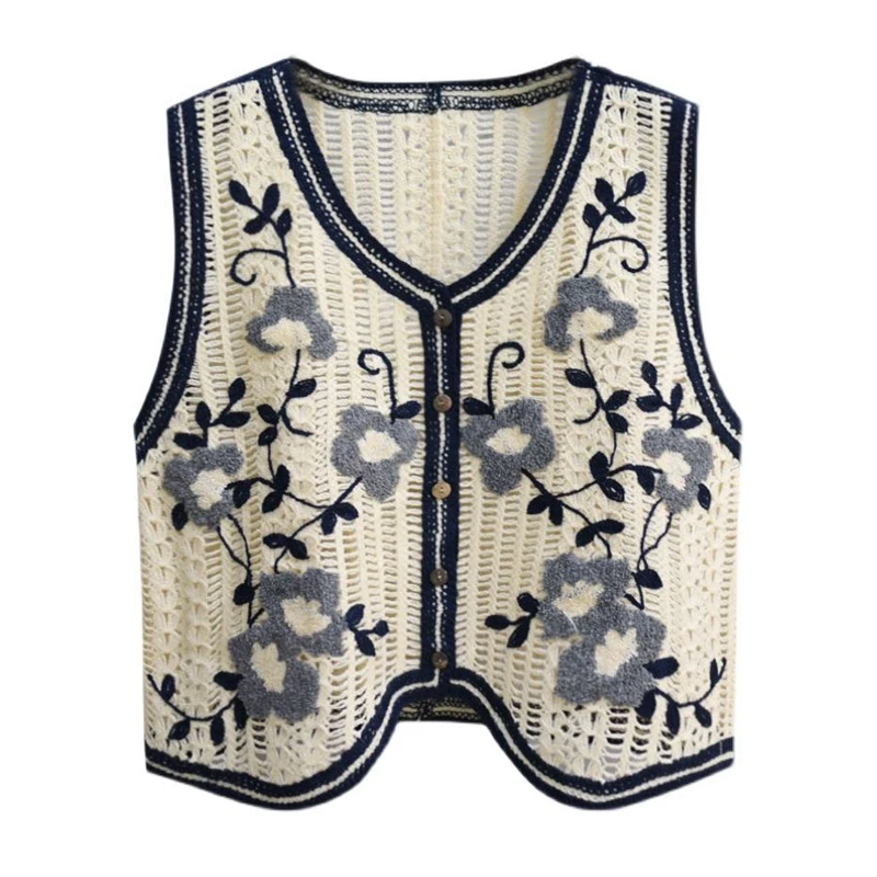 Jacquard Hollow Out Embroidery Knitted Waistcoat Women 2024 New Short Loose Sleeveless Sweater Vest For Spring Autumn