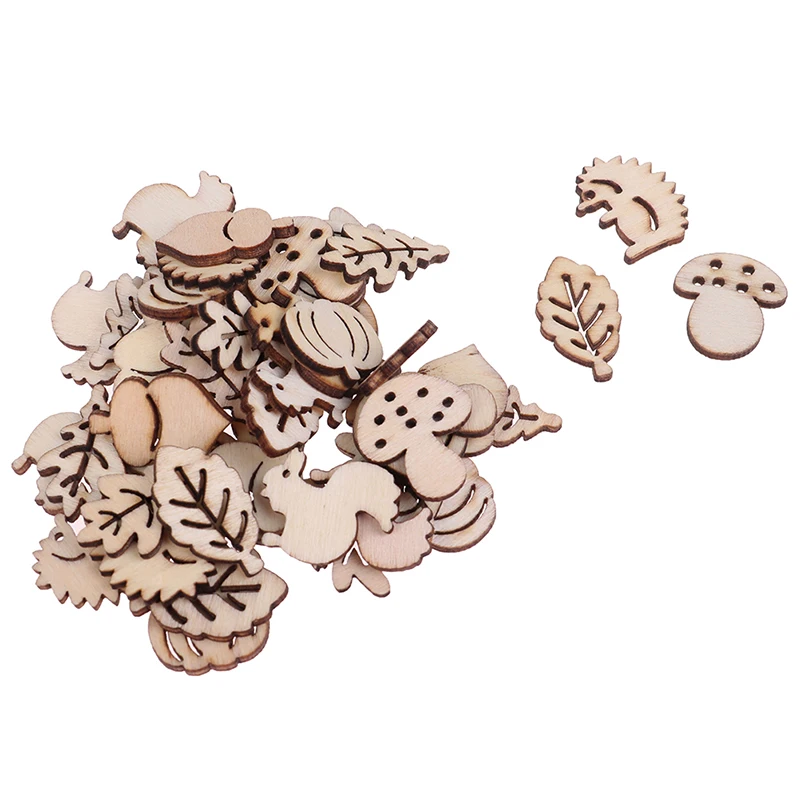 50PCS/set Mixed Wooden Craft Squirrel Leaves Mushroom Shape Scrapbooking Hedgehog Decoration Embellishments