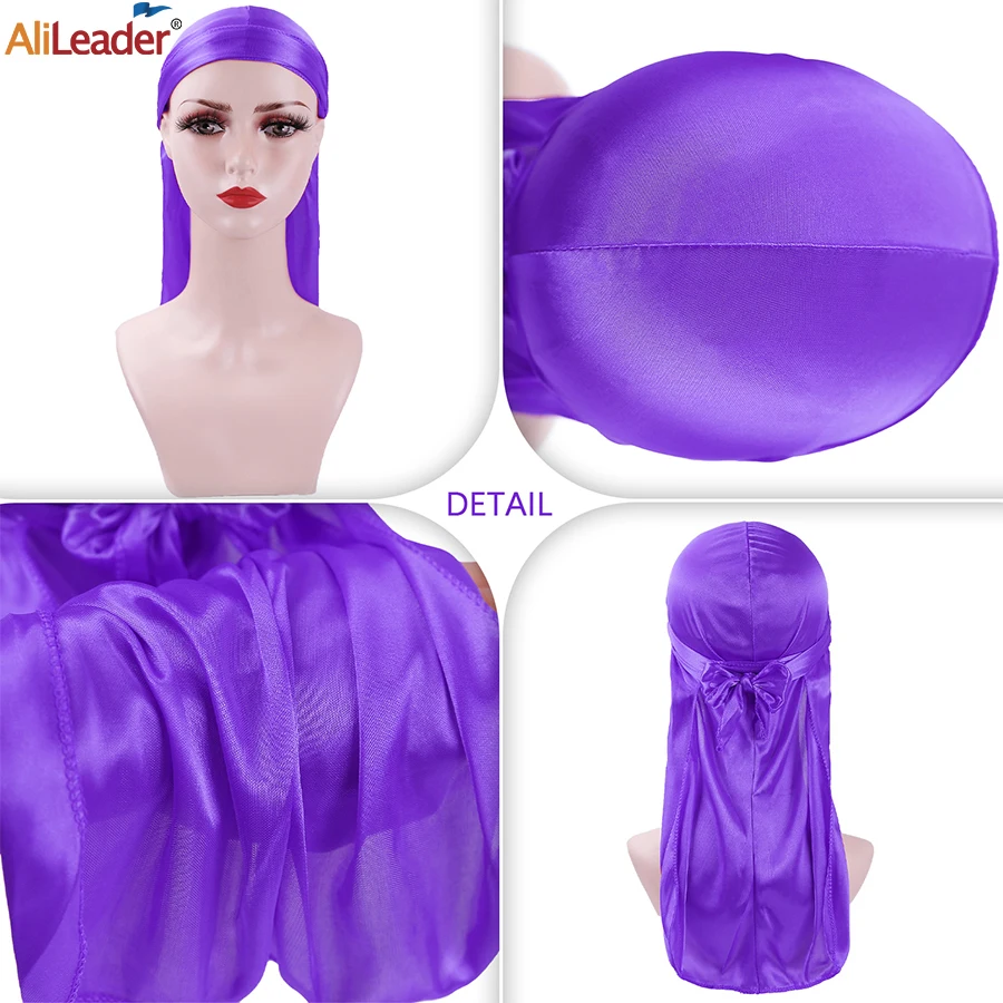 1 pezzo Silky Durag con coda lunga di seta Doo Rags per uomo Satin Durag Waves Turban Hat uomo bandane nere coda Extra lunga Du-Rags