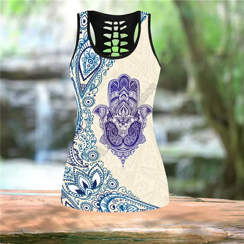 Purple Hamsa Hand Yoga Combo Outfit Leggings and Hollow out Tank Top Suit Yoga Fitness Soft Legging Summer Women For Girl