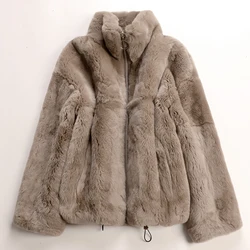 2021 Whole skin natural real Rex fur coat clothing women's winter Stand coll short jacket long-sleeved outerwear  large size