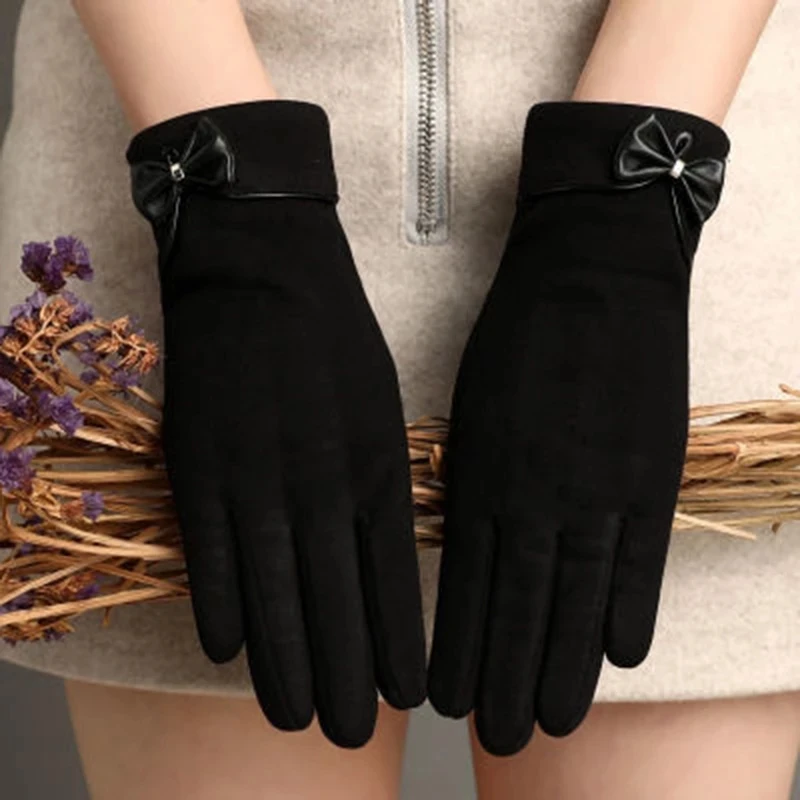 Female Cashmere Bow Plus Velvet Full Finger Cycling Warm Mittens Winter Women Suede Leather Touch Screen Driving Glove H80