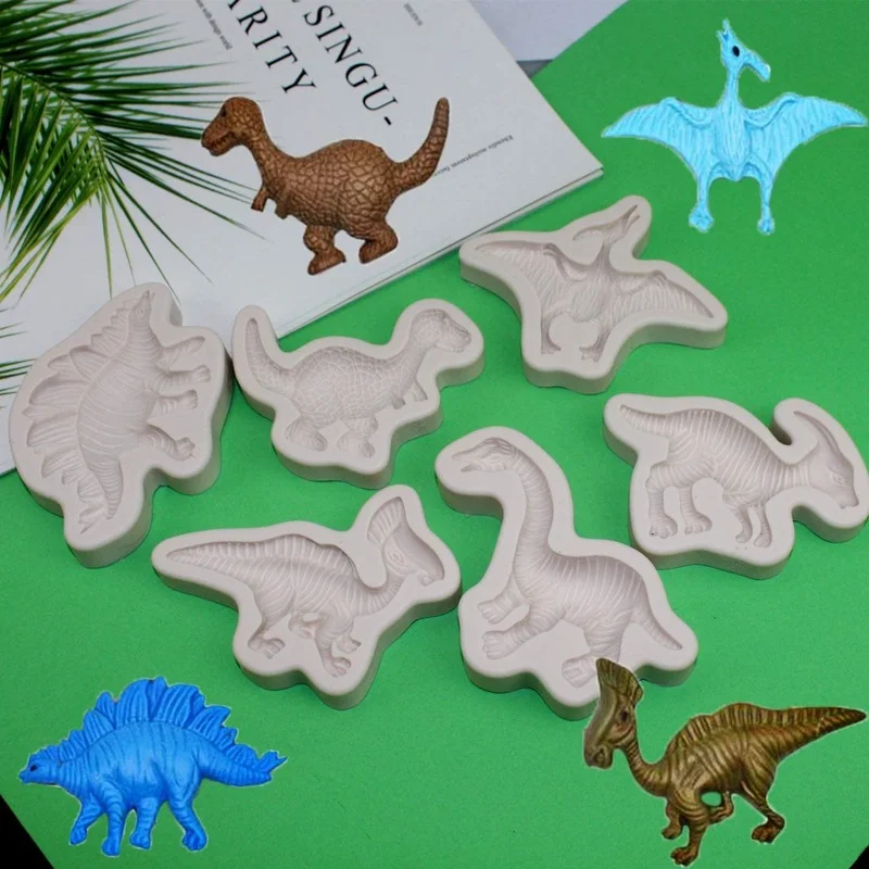 7pcs/set Cartoon Dinosaur Silicone Mold DIY Jewelry Ornaments Birthday Party Cake Decoration Clay Fondant Chocolate Mold