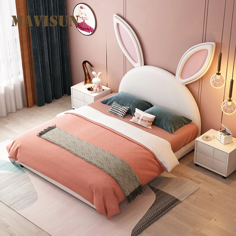 New Queen Size Cartoon Bed For Kids Girl Child Liked Frame Bedroom Easy Assemble Furniture Light Pink Height Soft-Packed Beds