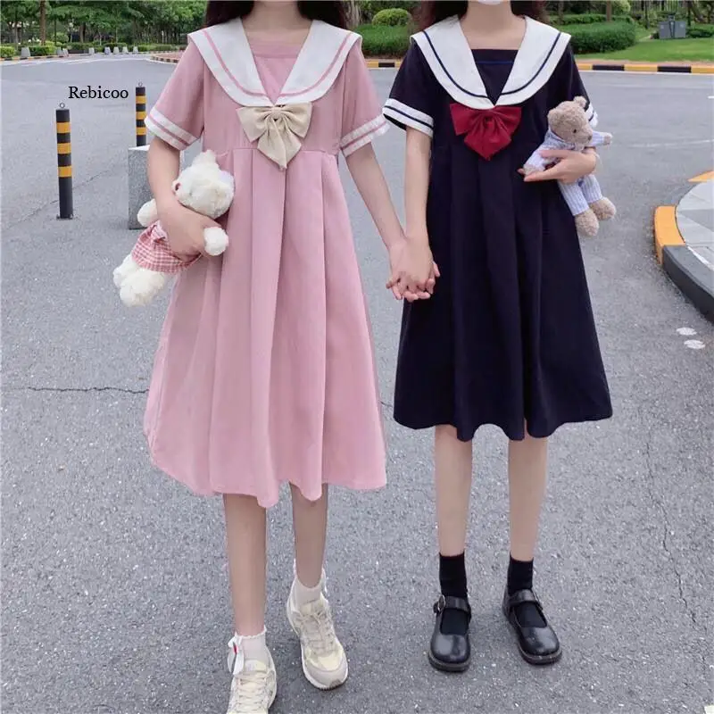 Summer Style Long Sleeve Dress Female Sweet Lovely Japanese Korean JK Short Sleeve Navy Collar Girlfriends A-Line Skirt