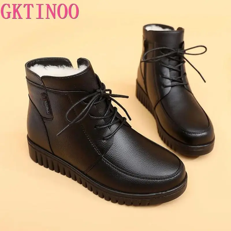 GKTINOO Fashion Winter Women Genuine Leather Ankle Boots Female Thick Plush Warm Snow Boots Mother Waterproof Non-slip Booties