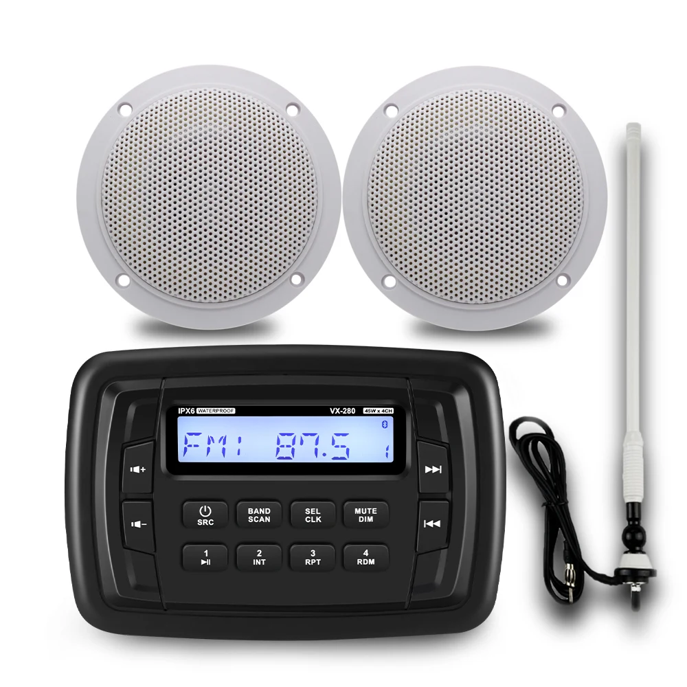 Marine Bluetooth Stereo Radio Audio waterproof Car MP3 Player + 1Pair 4 Inch Outdoor Speakers + Marine Antenna For Boat ATV UTV