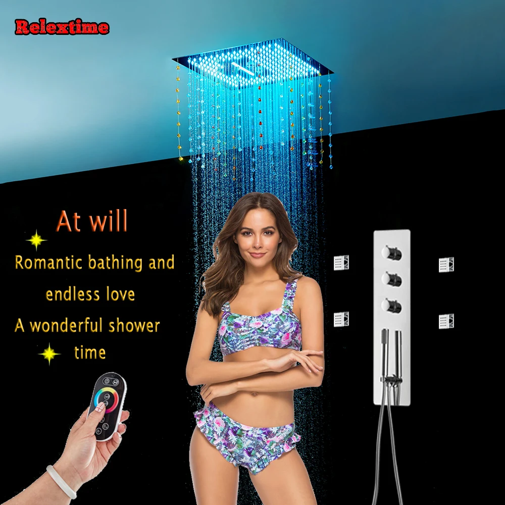 

Crystal Pendant Wall Mounted LED Ceiling Shower Head Polished Chrome Big Rain Shower Faucet Concealed Bath Shower Set Handshower