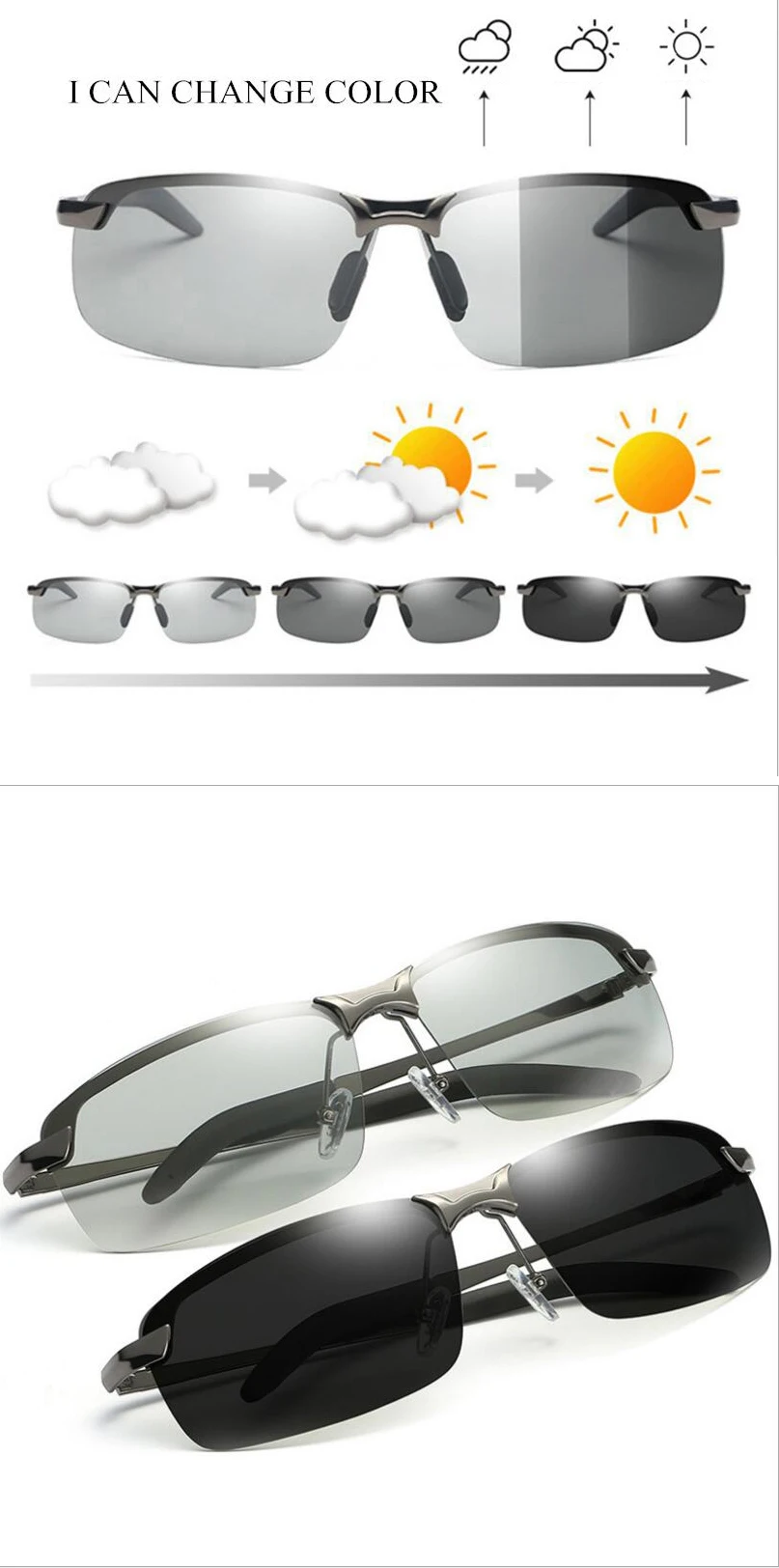 Al-Mg Legierung Photochrome Sonnenbrille Männer Polarisierte Chameleon Gläser Ändern Farbe Sonnenbrille Tag Nacht Vision Fahren Brille SP – Detail 1