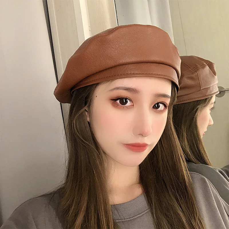 Women Fashion Beret Solid Beret Cap Pu Leather Beret French Artist Warm Beanie Hat Female Ladies Adjustable Hat Girls Cap