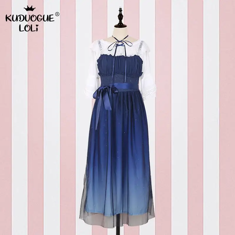 Lolita Dress Women Summer Party Dress Starry Sky Gradient Blue Suspender Chiffon Fairy Dress Mori Girl Spring Sweet Cute Costume